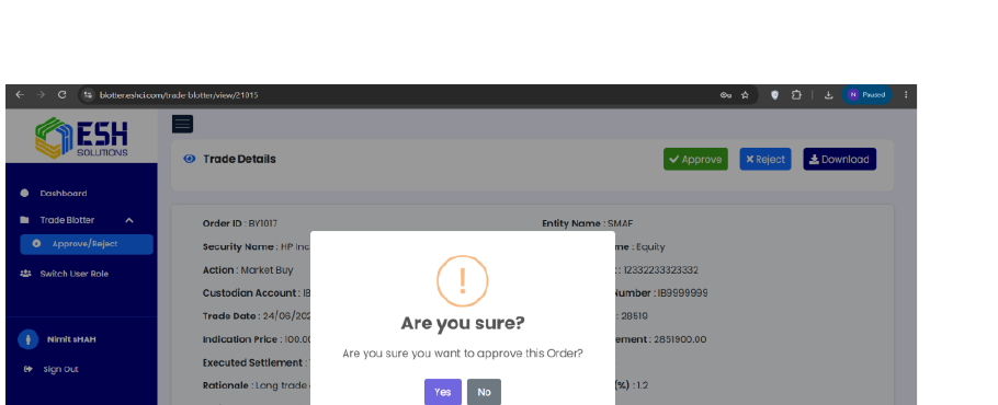 Trade Blotter approval workflow