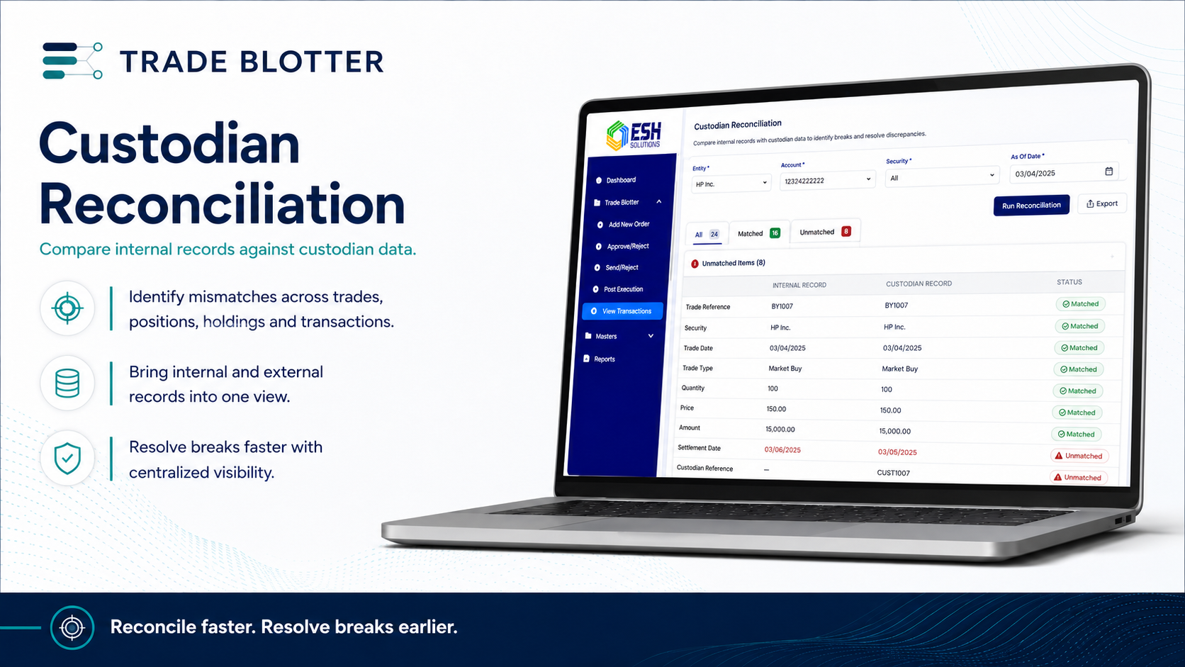 Trade Blotter custodian reconciliation view