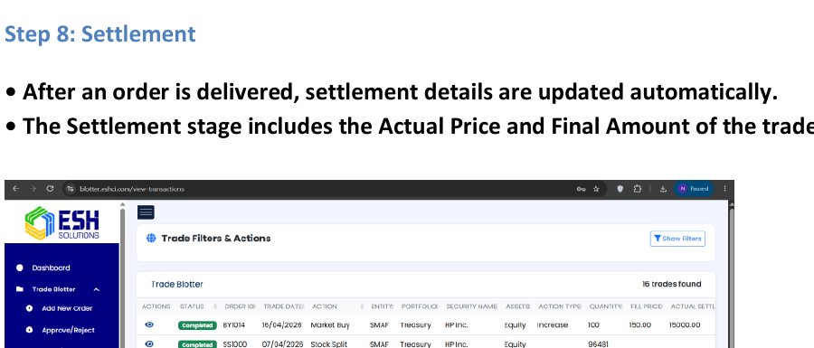 Trade Blotter settlement tracking screen